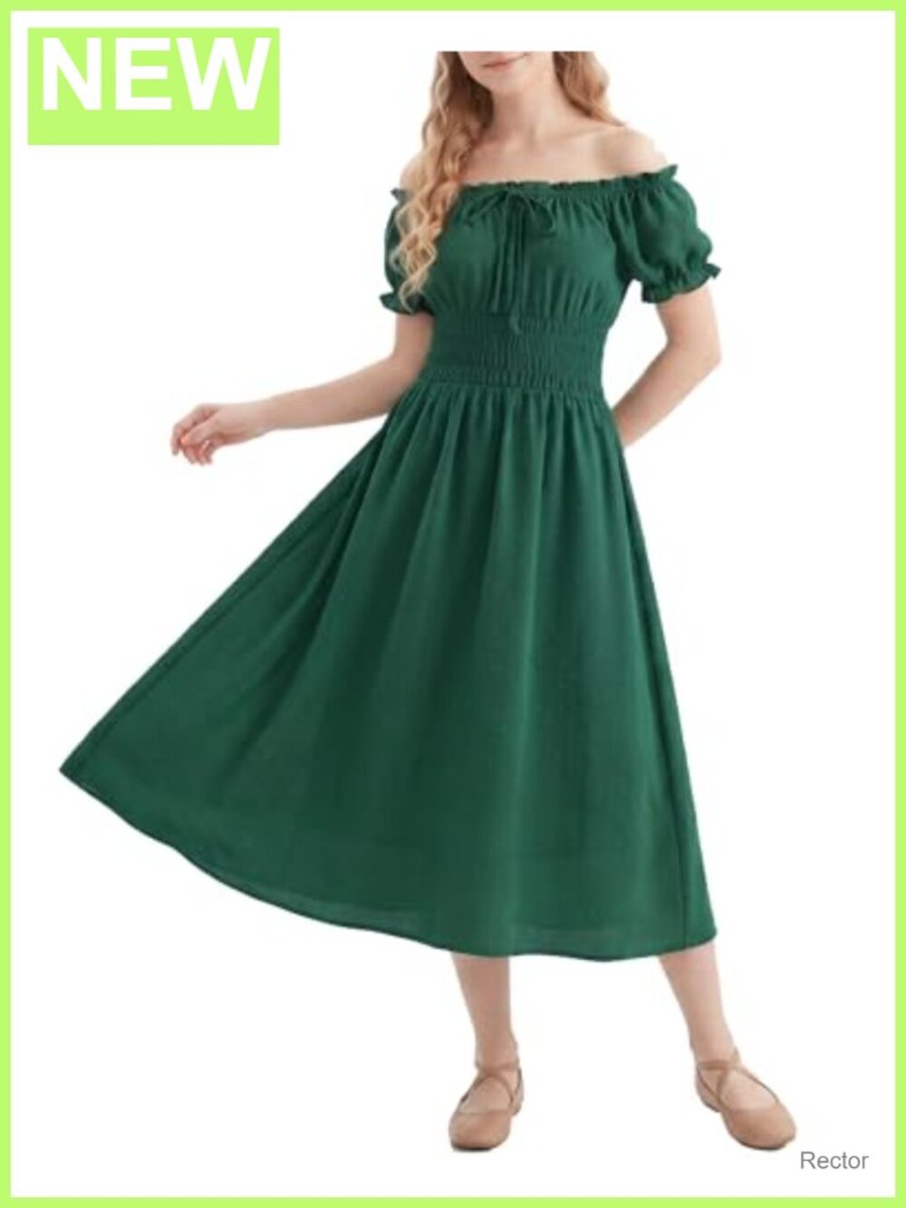 Off Shoulder Midi Dress Puff Sleeve Smocked Waist A-Line Cottagecore Renaissance